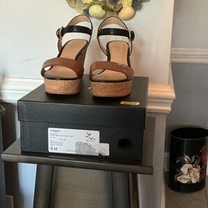 Coach Brown and Black Leather Platform Sandals